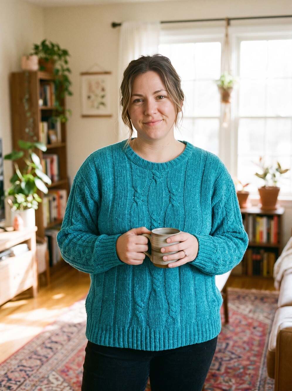 Vintage 80s Shapely Knits Teal Blue Chunky Cable Knit Pullover Sweater Taiwan